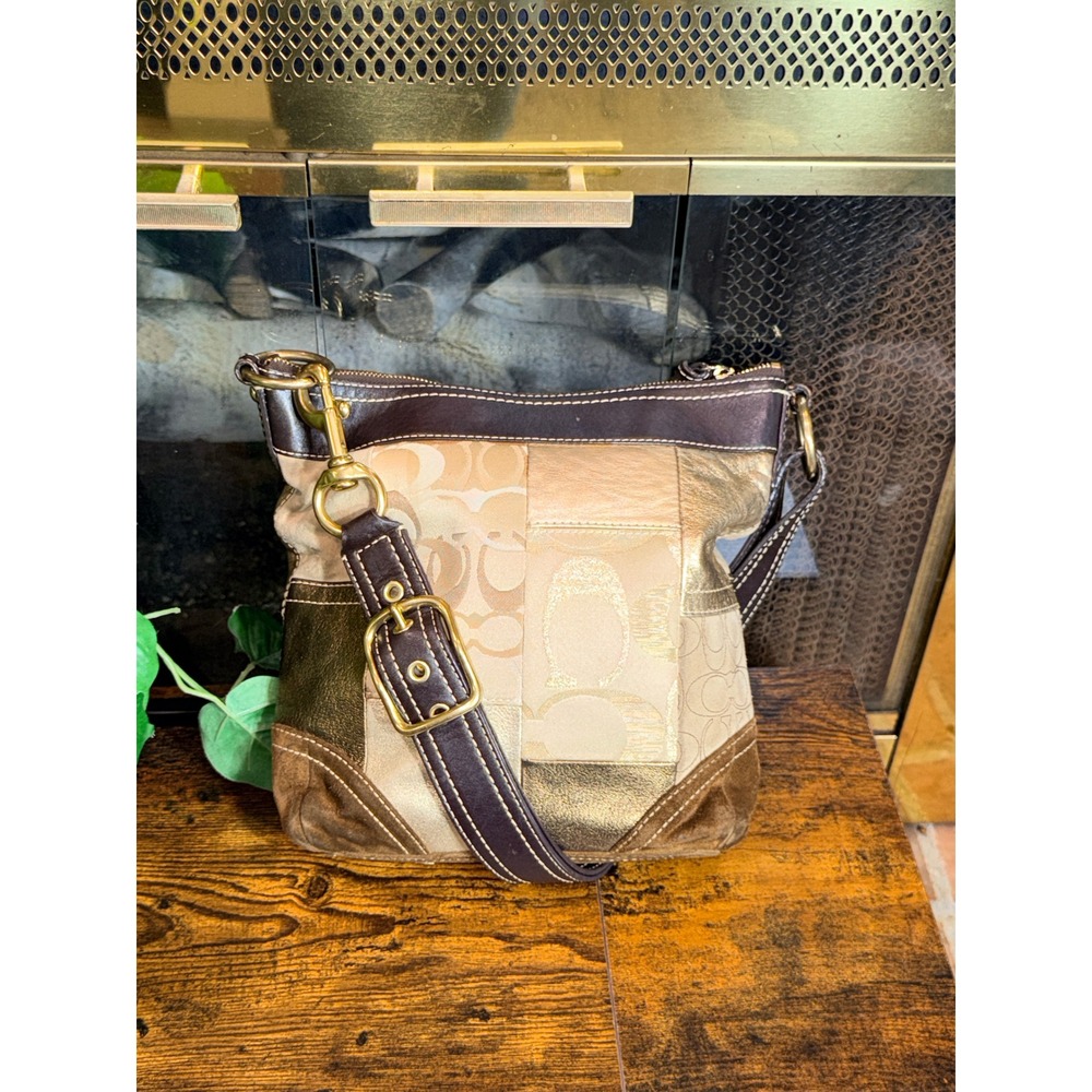 Coach Patchwork Shoulder Bag Women Gold Brown Metallic Leather Suede Y2K 10387